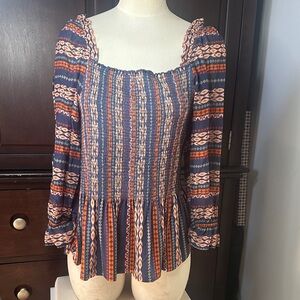 Bohemian Striped Blouse with Blue and Orange Accents